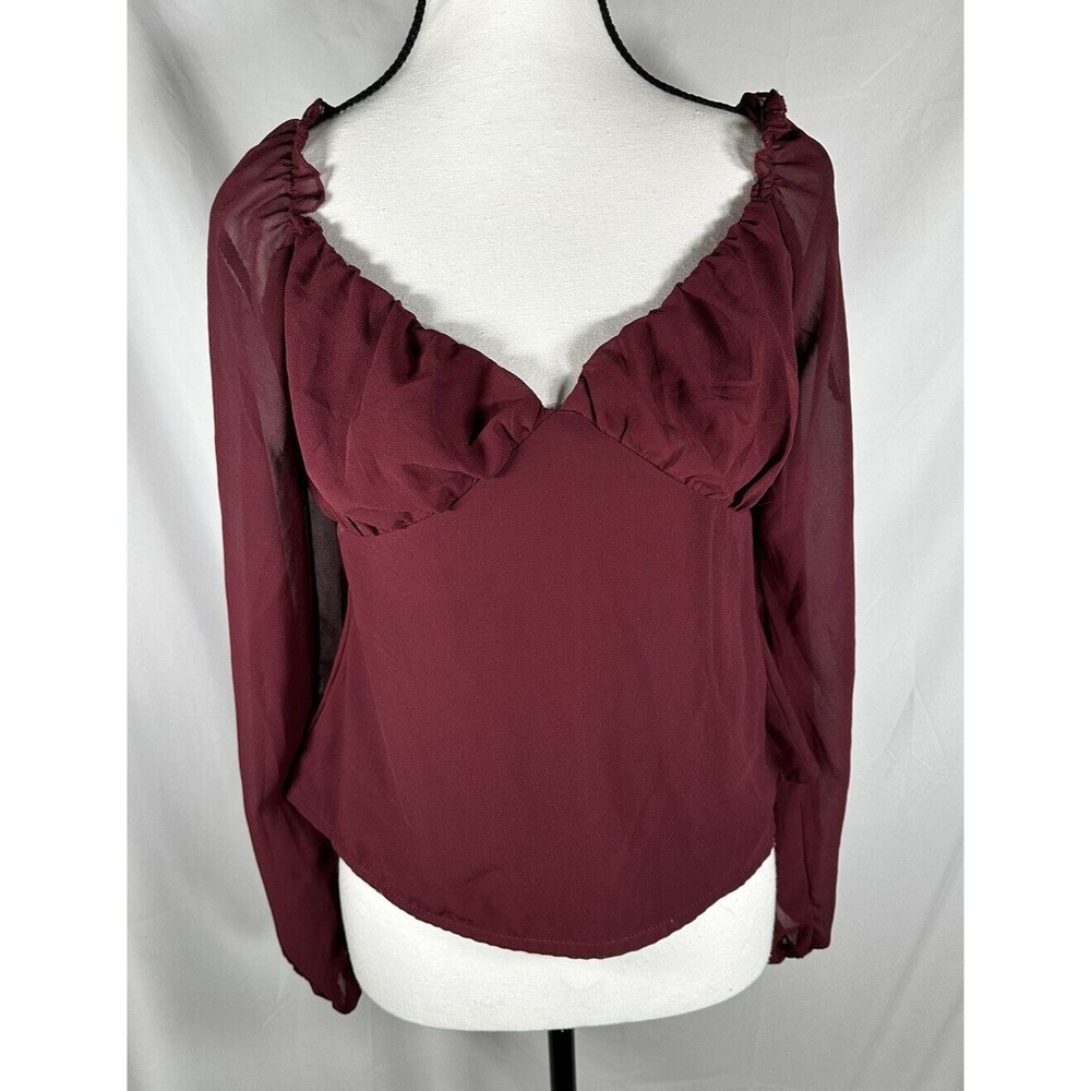 Misguided Maroon Sheer Long Sleeves Milkmaid Top US size 6 - Picture 2 of 6